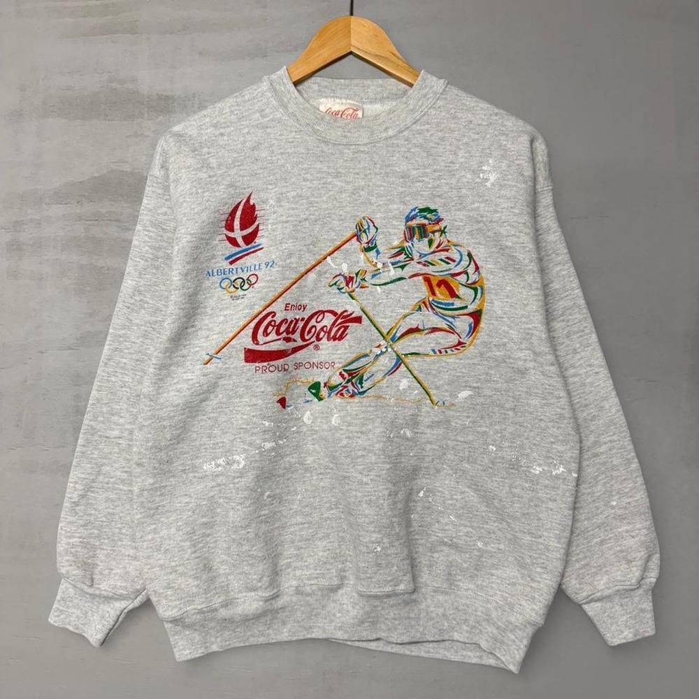 Vintage Coca-Cola Sweatshirt Grey 1992 Albertville Olympics Skiing Graphic Large